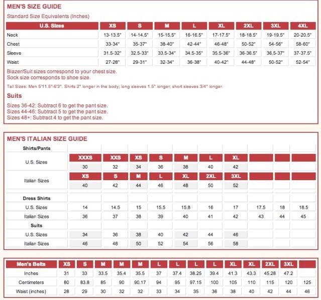 Jos A Bank Sizing Chart